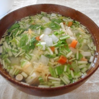水菜、えのき、みじん切り野菜の和風卵スープ